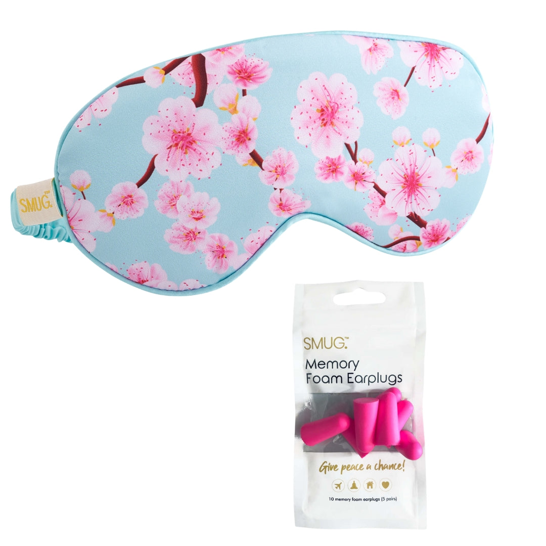 Satin Sleep Mask - Cherry Blossom Print Sleep Mask & Pink Earplugs - Satin Sleep Mask