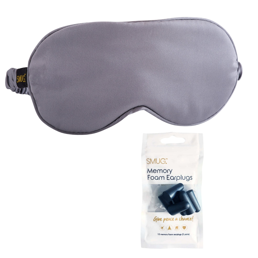 Satin Sleep Mask - Grey Sleep Mask & Black Earplugs - Satin Sleep Mask