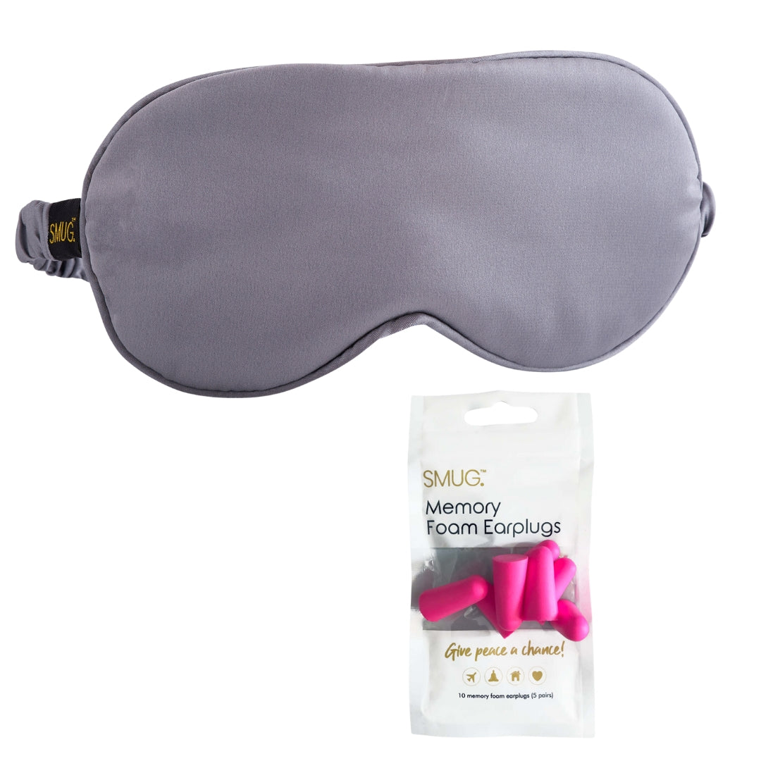 Satin Sleep Mask - Grey Sleep Mask & Pink Earplugs - Satin Sleep Mask