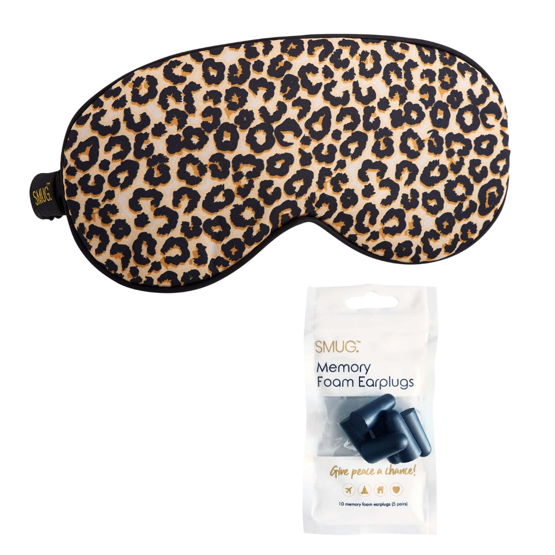 Satin Sleep Mask - Leopard Print Sleep Mask & Black Earplugs - Satin Sleep Mask