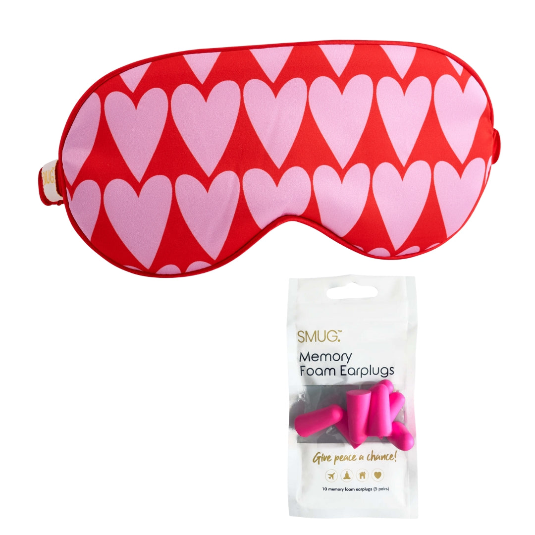 Satin Sleep Mask - Longheart Print Sleep Mask & Pink Earplugs - Satin Sleep Mask