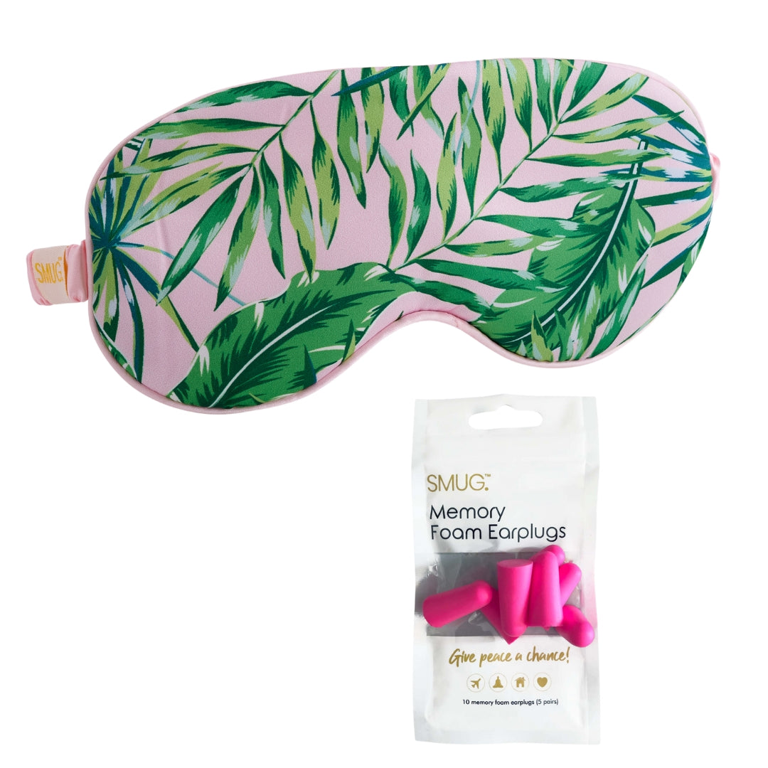 Satin Sleep Mask - Palm Print Sleep Mask & Pink Earplugs - Satin Sleep Mask