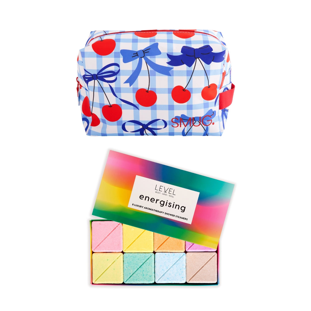SMUG Wake-Up Wash Bag Set with Energising Bath Blocks Blue Cherries - Wake Up Wash Bag Set