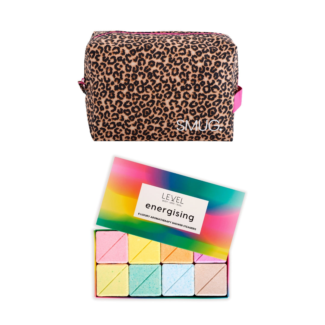 SMUG Wake-Up Wash Bag Set with Energising Bath Blocks Leopard - Wake Up Wash Bag Set