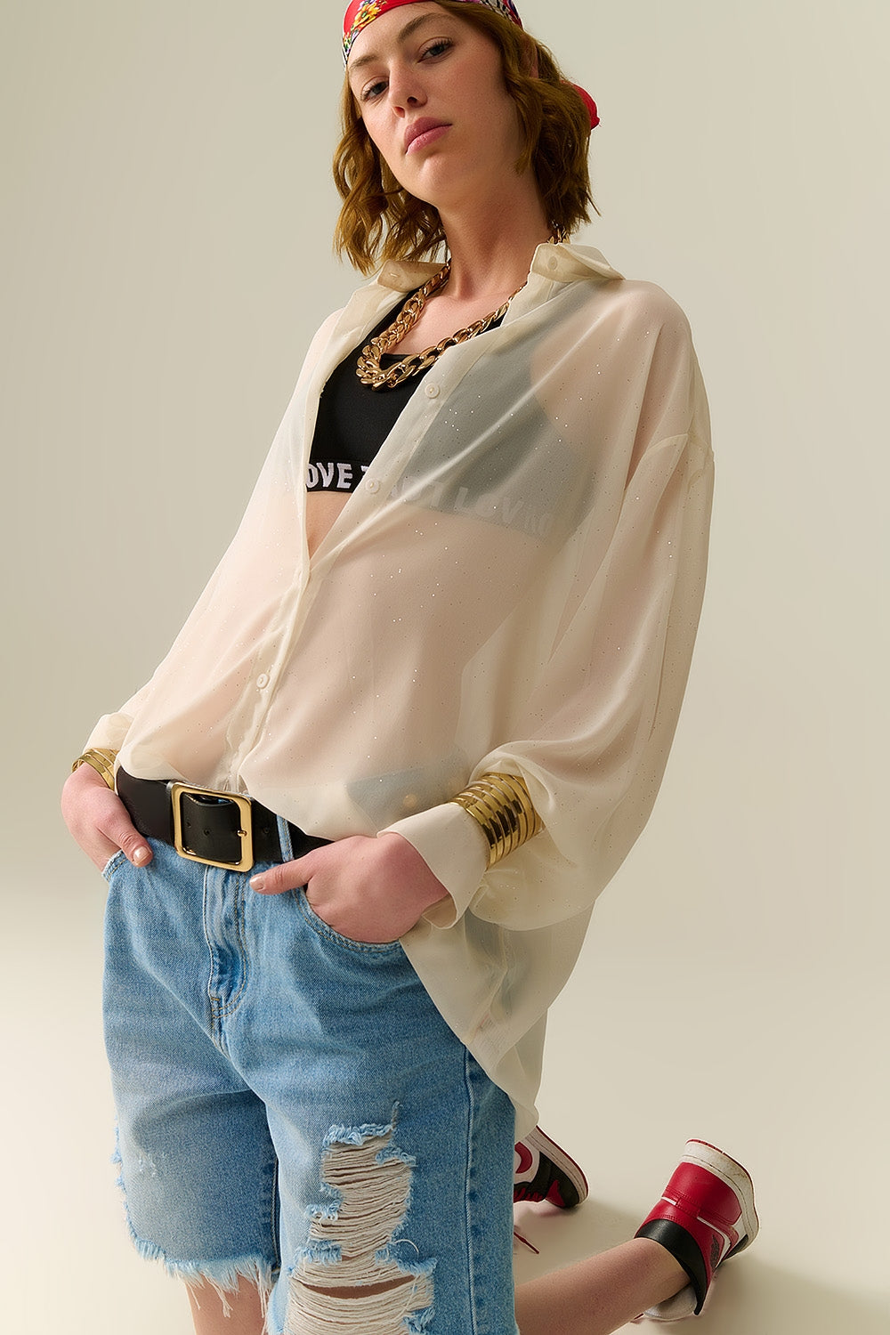 Soft beige chiffon blouse with glitter detail - Blouses