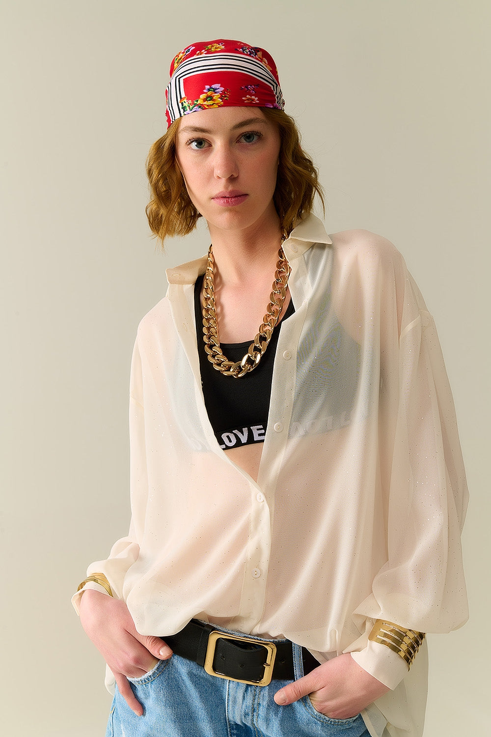 Soft beige chiffon blouse with glitter detail - Blouses
