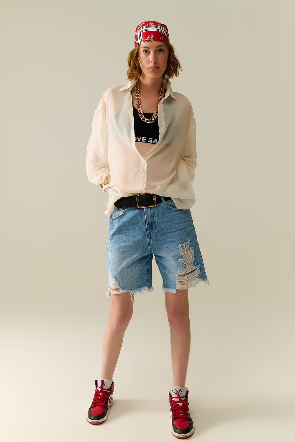 Soft beige chiffon blouse with glitter detail - Blouses
