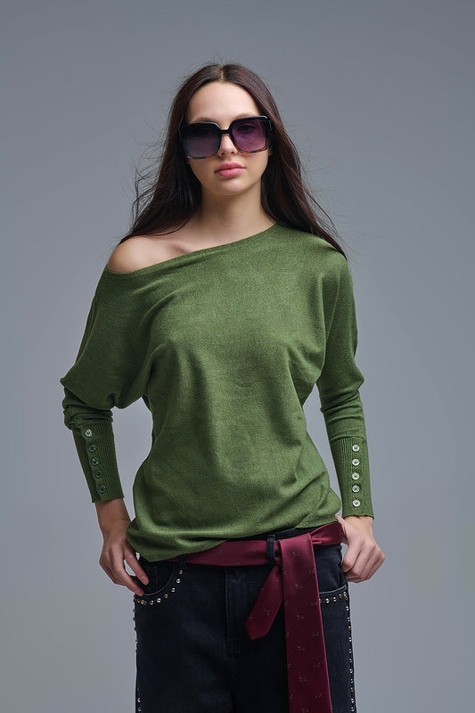 Soft knit olive green Sweater with sleeve button details -