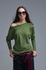 Pull vert olive en maille douce avec boutons aux manches