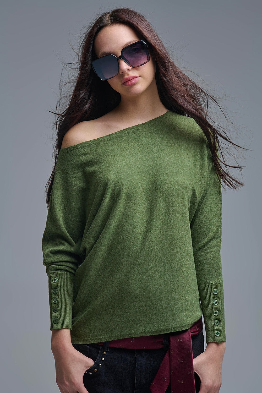 Soft knit olive green Sweater with sleeve button details -