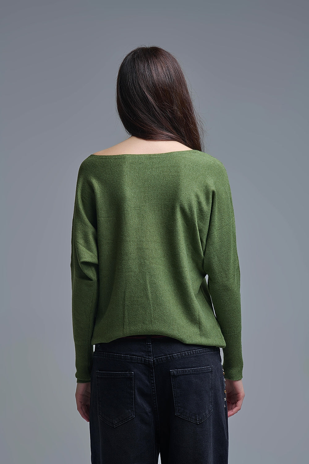 Soft knit olive green Sweater with sleeve button details -