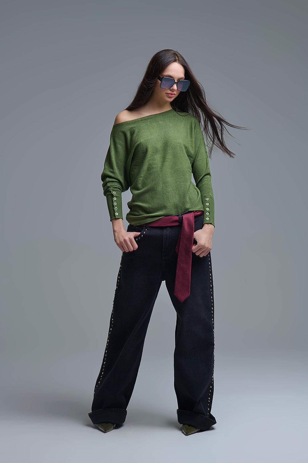 Soft knit olive green Sweater with sleeve button details -