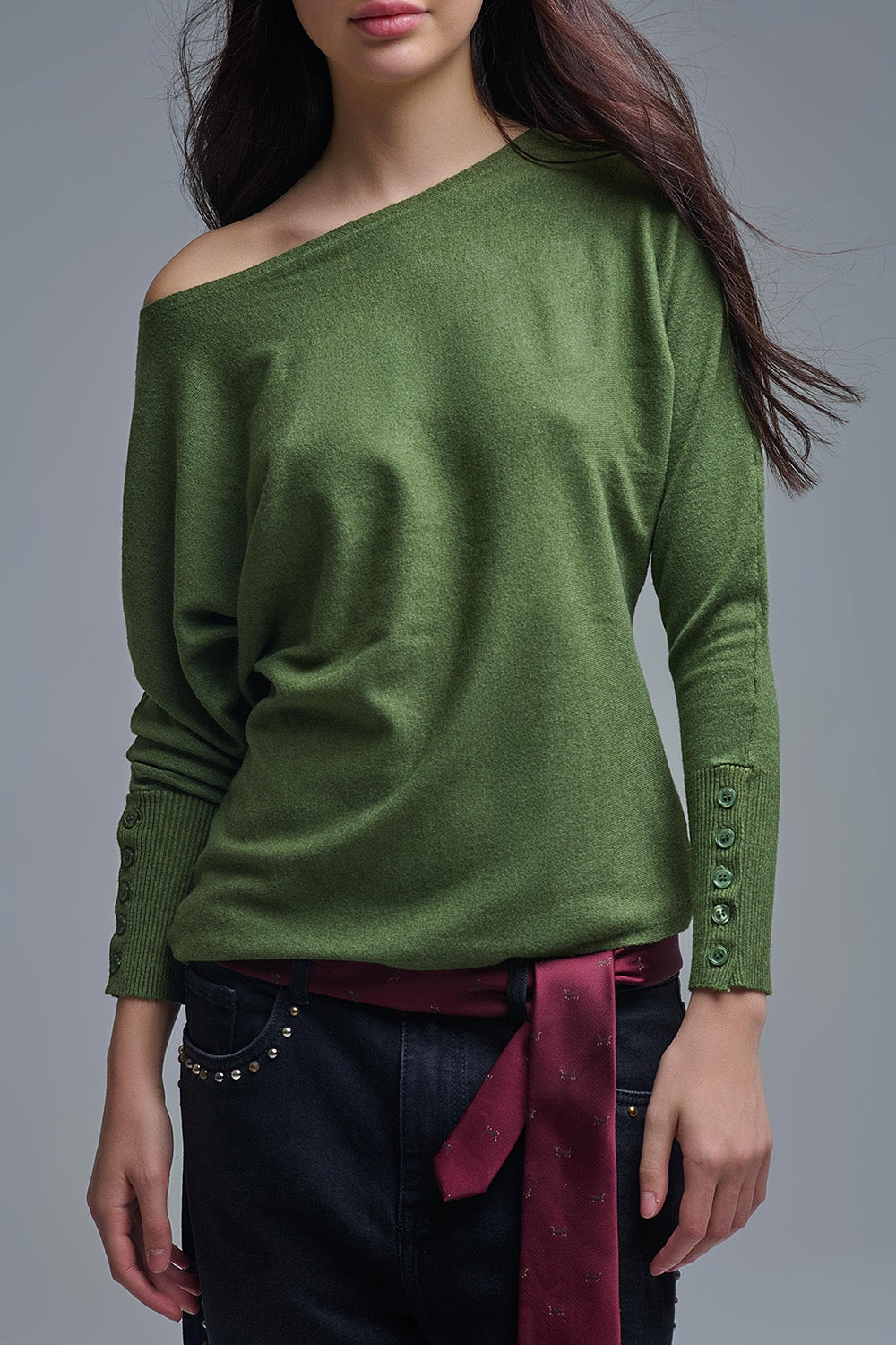 Soft knit olive green Sweater with sleeve button details -