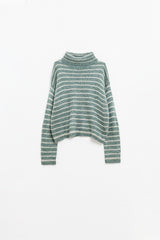 pull col roulé rayé en tricot doux en vert