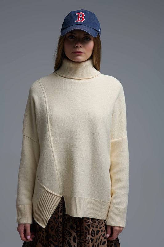 Soft knitted Asymmetric Turtleneck Sweater in beige - Sweaters