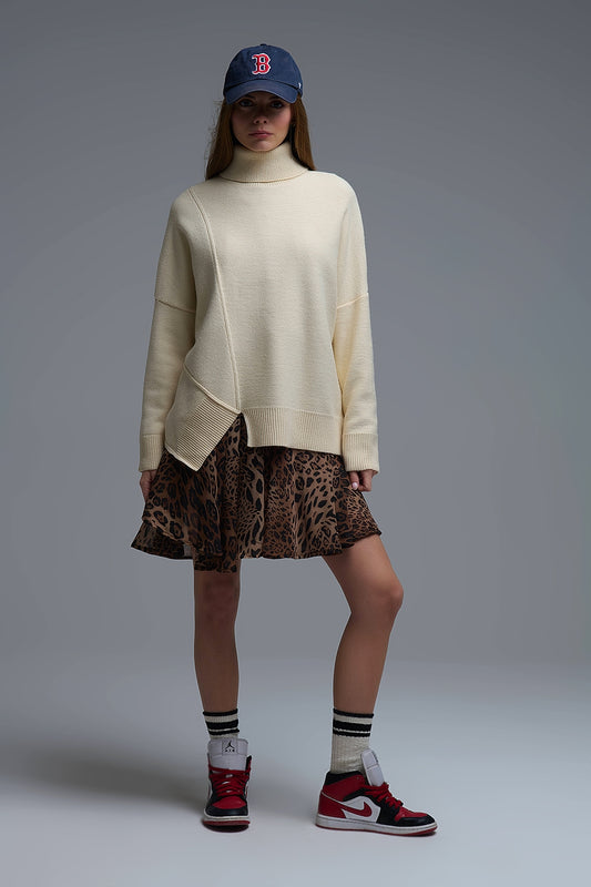 Soft knitted Asymmetric Turtleneck Sweater in beige - Sweaters
