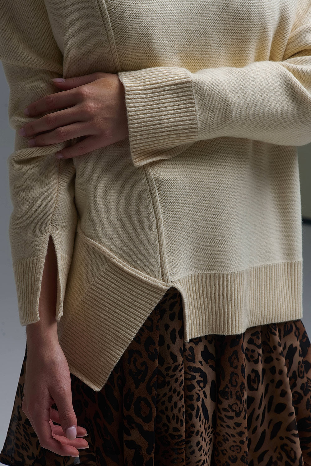 Soft knitted Asymmetric Turtleneck Sweater in beige - Sweaters