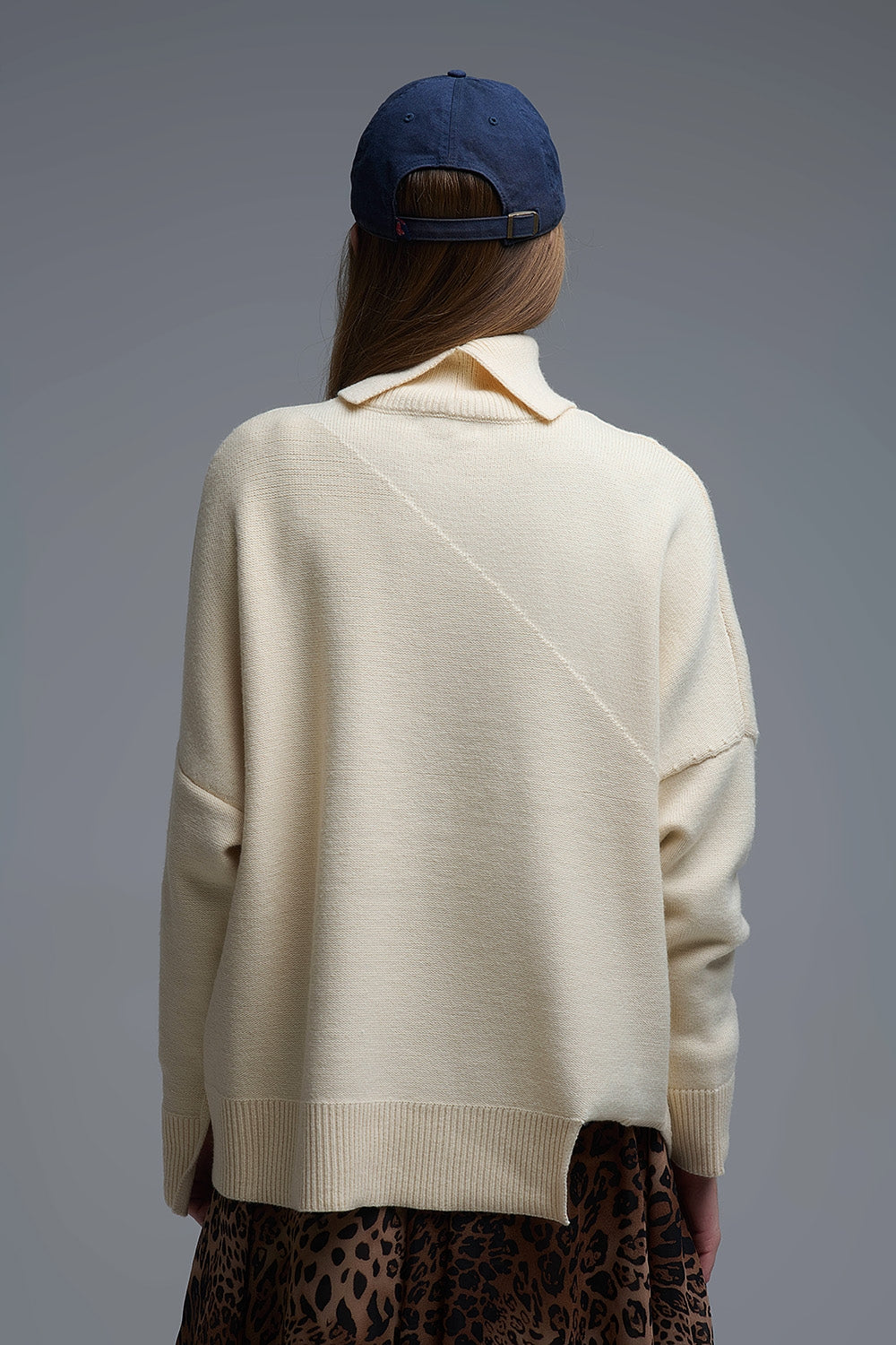 Soft knitted Asymmetric Turtleneck Sweater in beige - Sweaters
