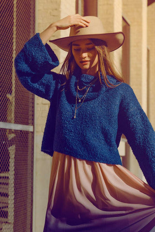 soft knitted high neck sweater in blue color