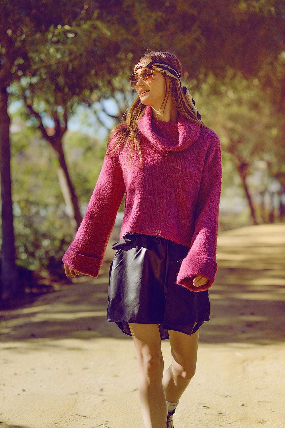 soft knitted high neck sweater in fucshia color - Sweaters