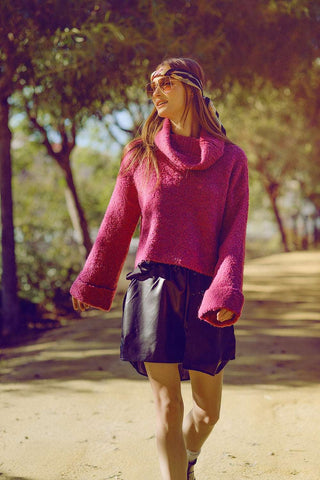 soft knitted high neck sweater in fucshia color