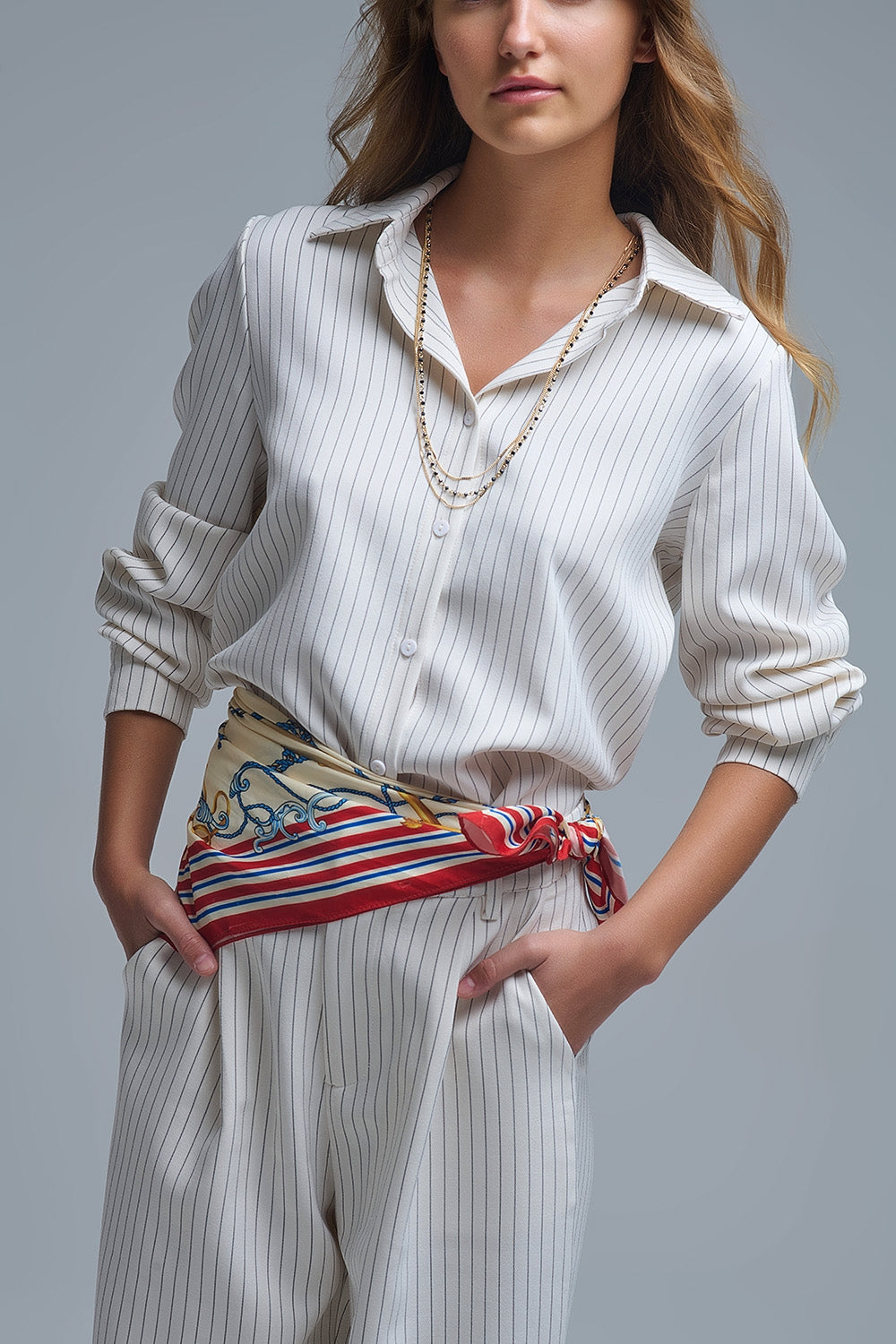 Sophisticated Pinstripe Cream-Striped High-Neck Shirt - Shirts