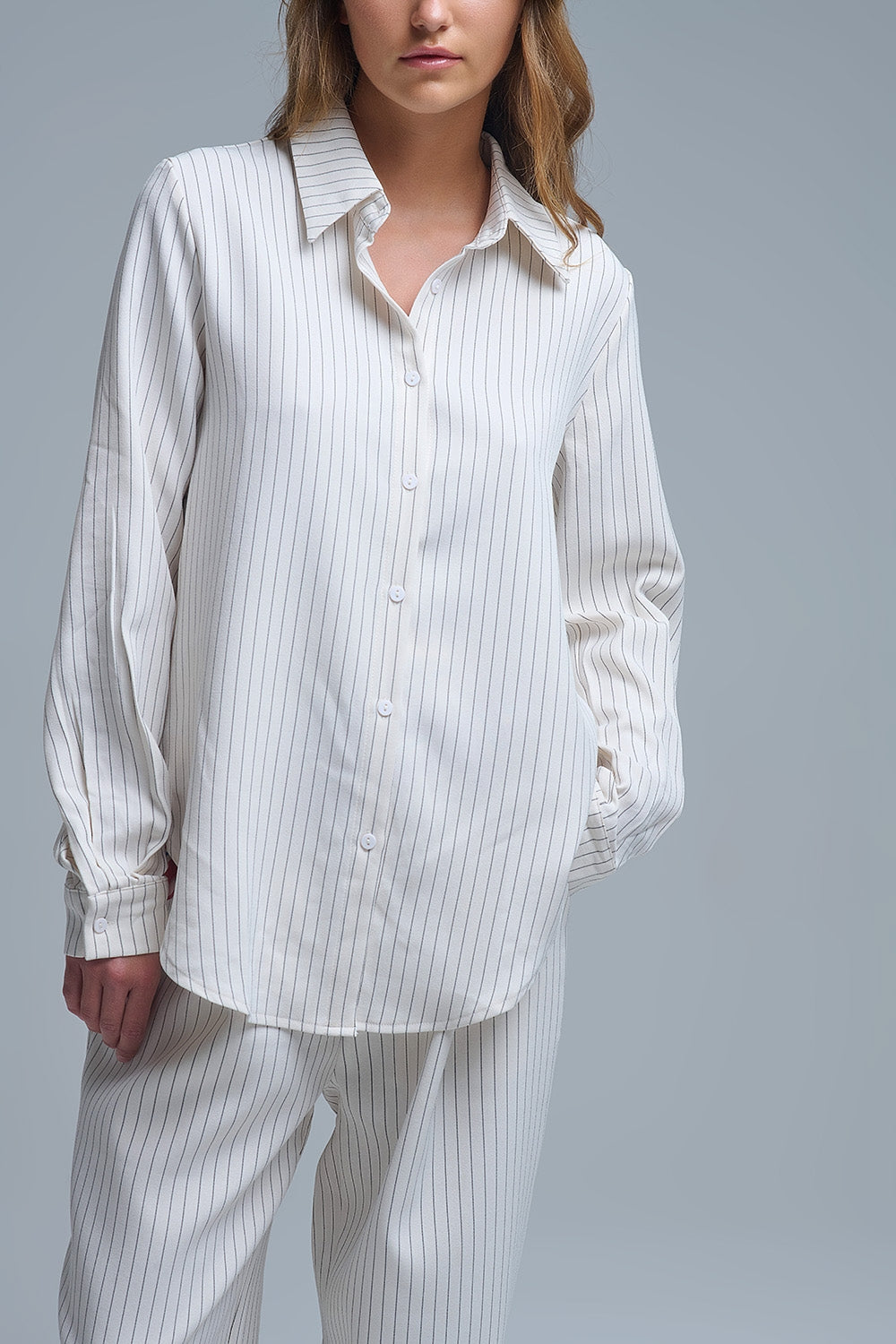 Sophisticated Pinstripe Cream-Striped High-Neck Shirt - Shirts