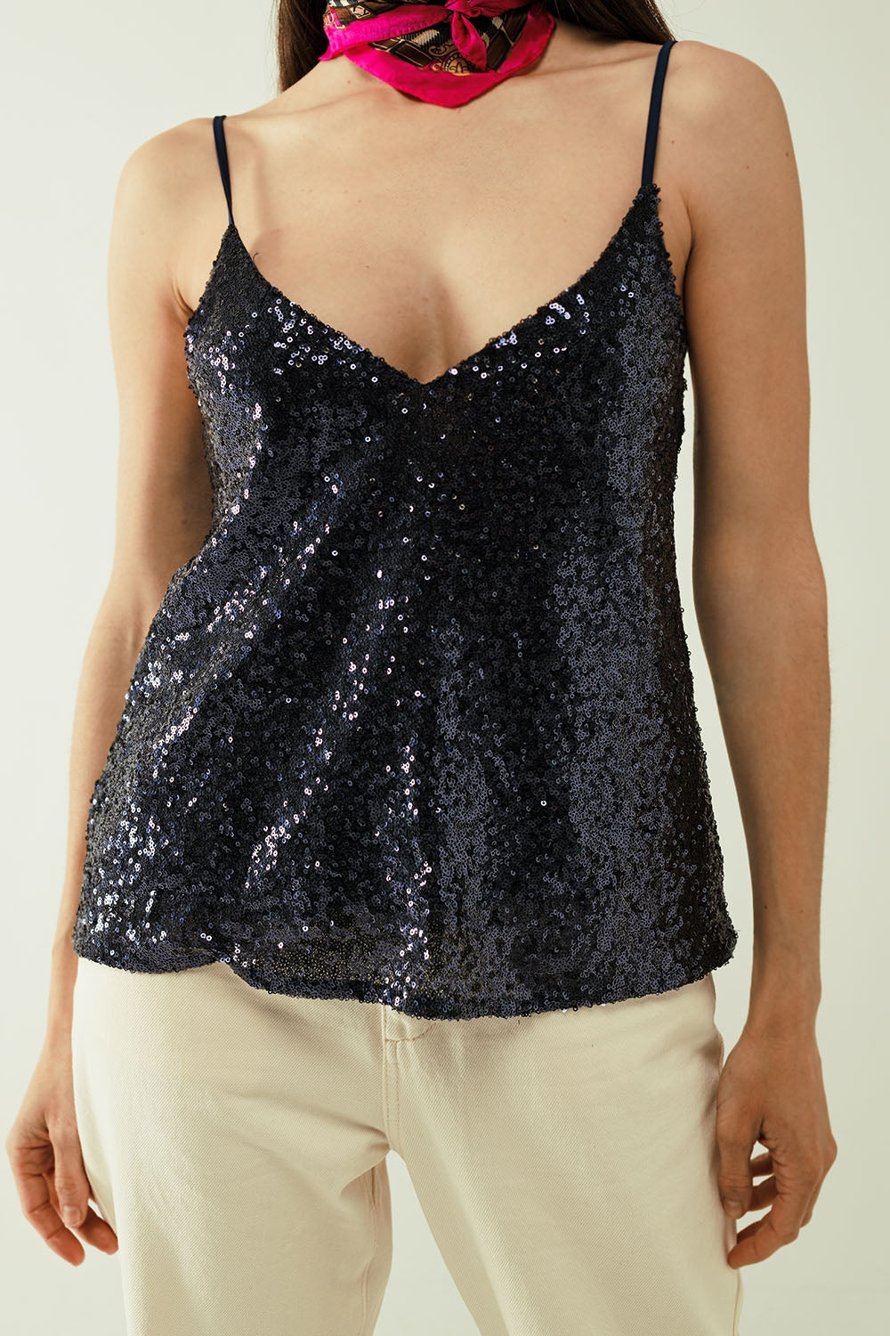 Spaguetti Strap Top With Deep V-Neckline In Navy Sequins - Tops