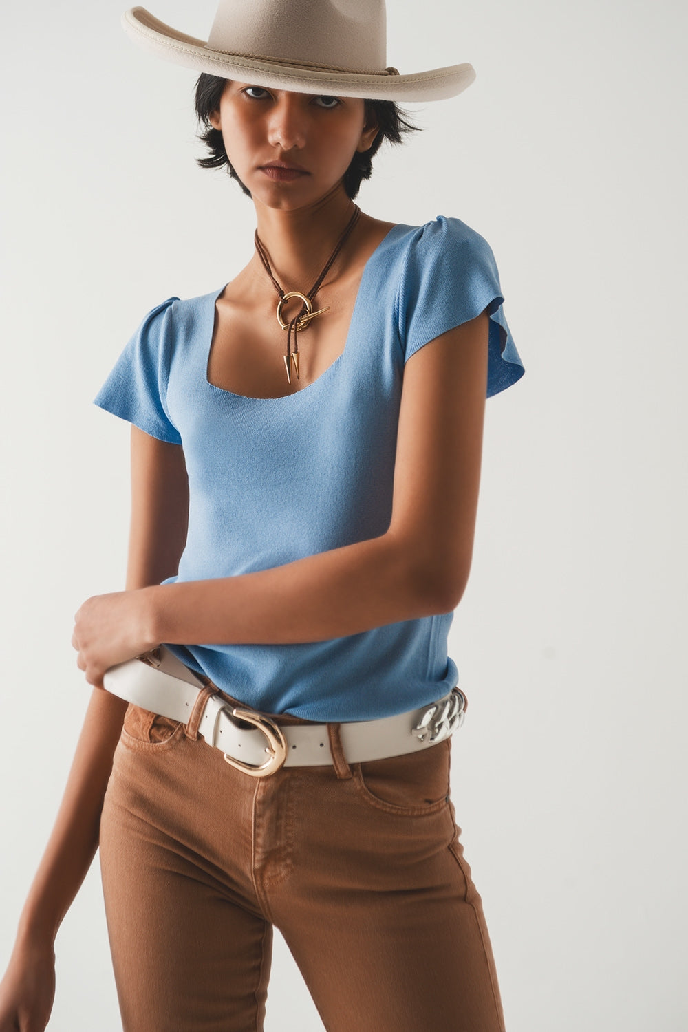 square neck puff sleeve sweater in blue - T-shirts