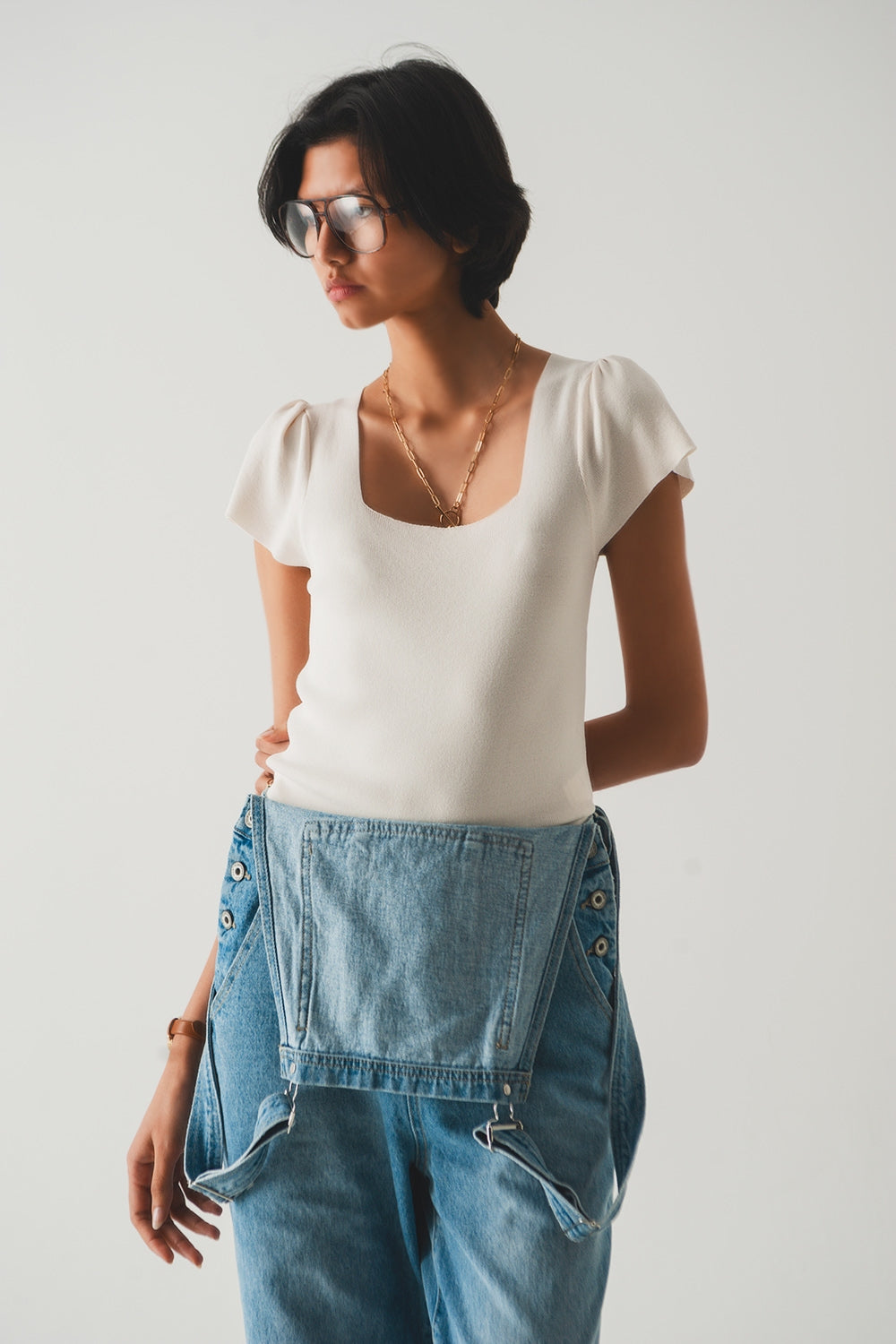 square neck puff sleeve sweater in cream - T-shirts