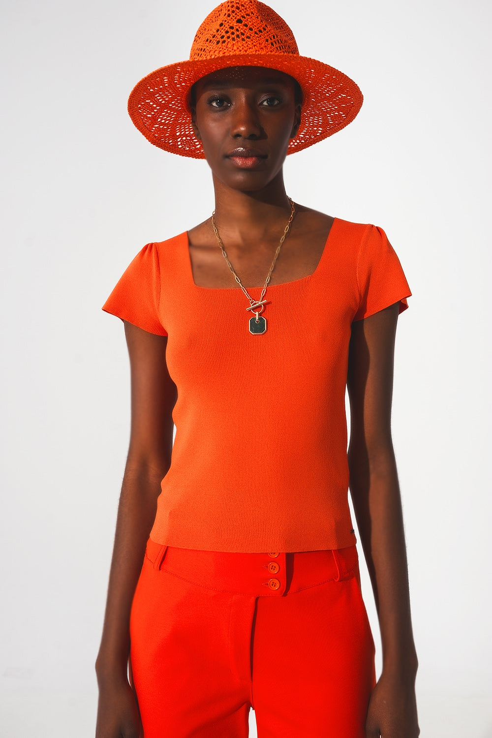 square neck puff sleeve sweater in orange - T-shirts