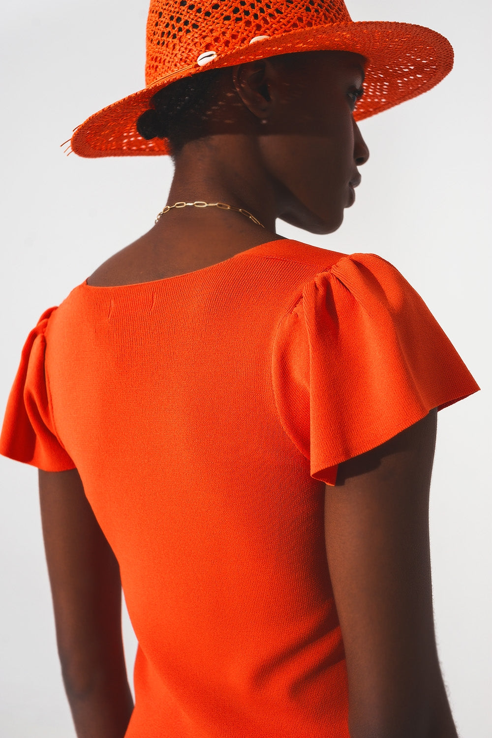 square neck puff sleeve sweater in orange - T-shirts