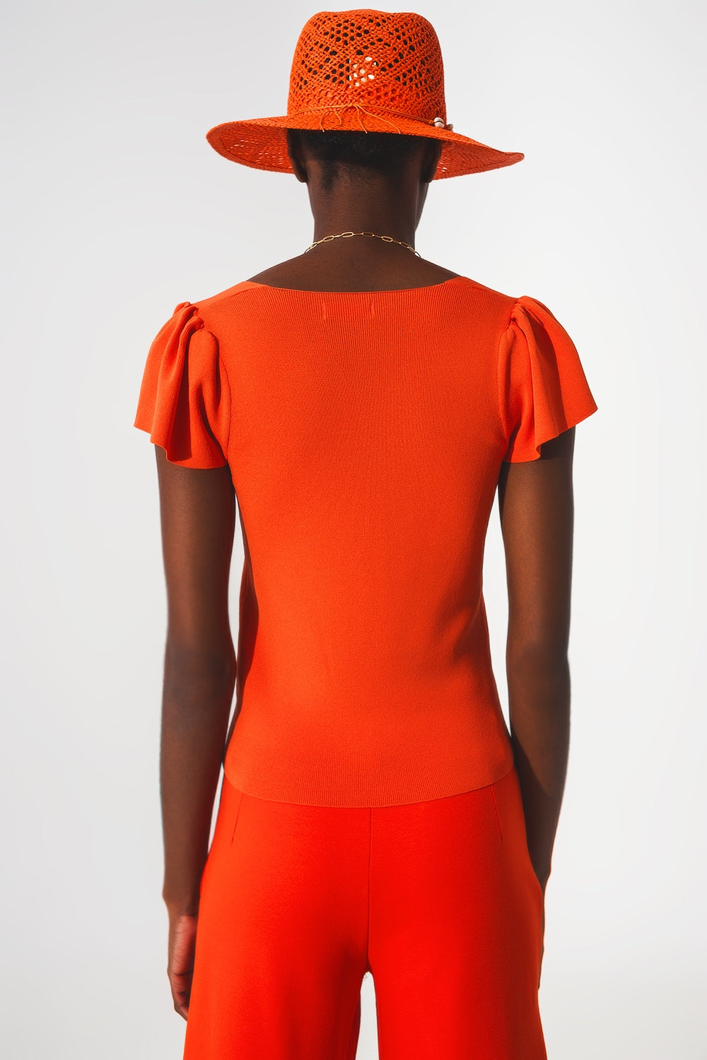 square neck puff sleeve sweater in orange - T-shirts