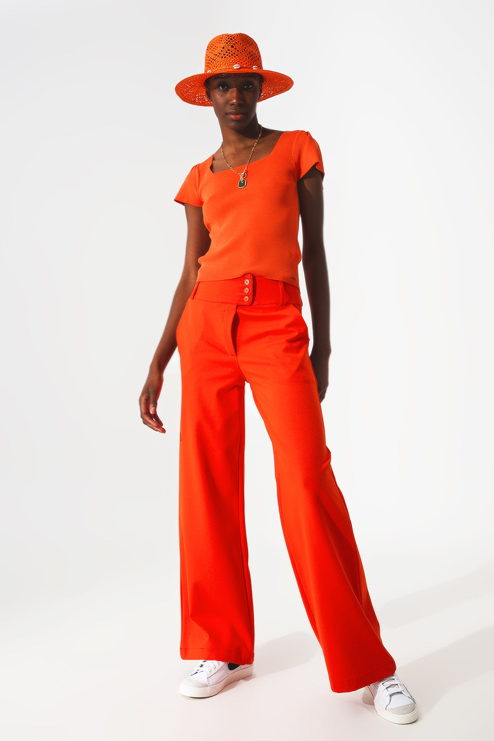 square neck puff sleeve sweater in orange - T-shirts