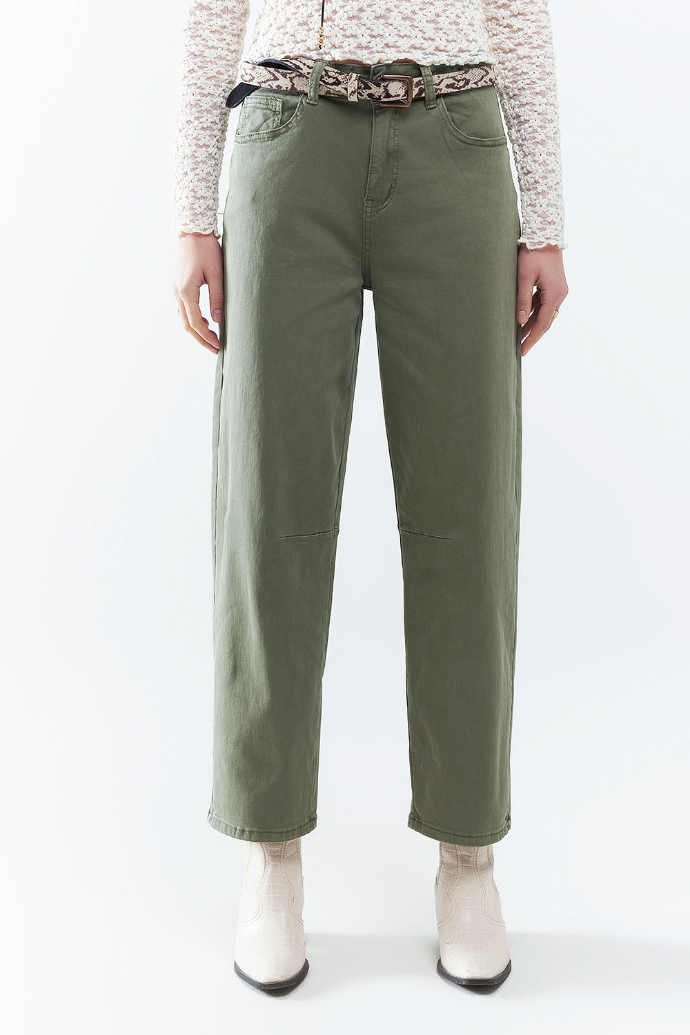 Straight Ankle-Length Pants in khaki with Knee Seam Detail - Trousers