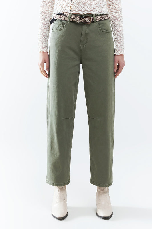 Straight Ankle-Length Pants in khaki with Knee Seam Detail - Trousers