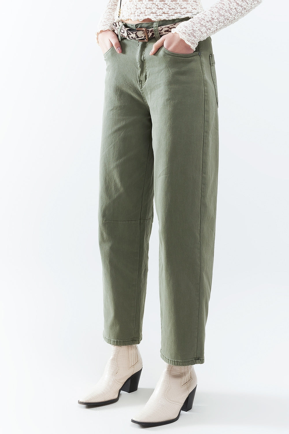 Straight Ankle-Length Pants in khaki with Knee Seam Detail - Trousers