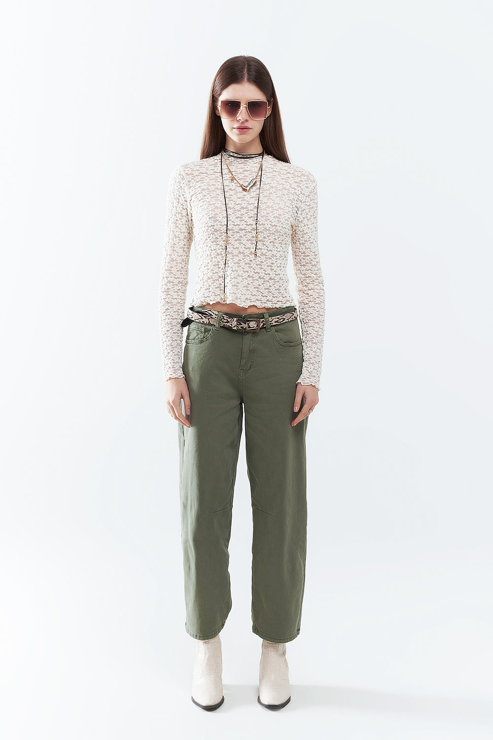 Straight Ankle-Length Pants in khaki with Knee Seam Detail - Trousers