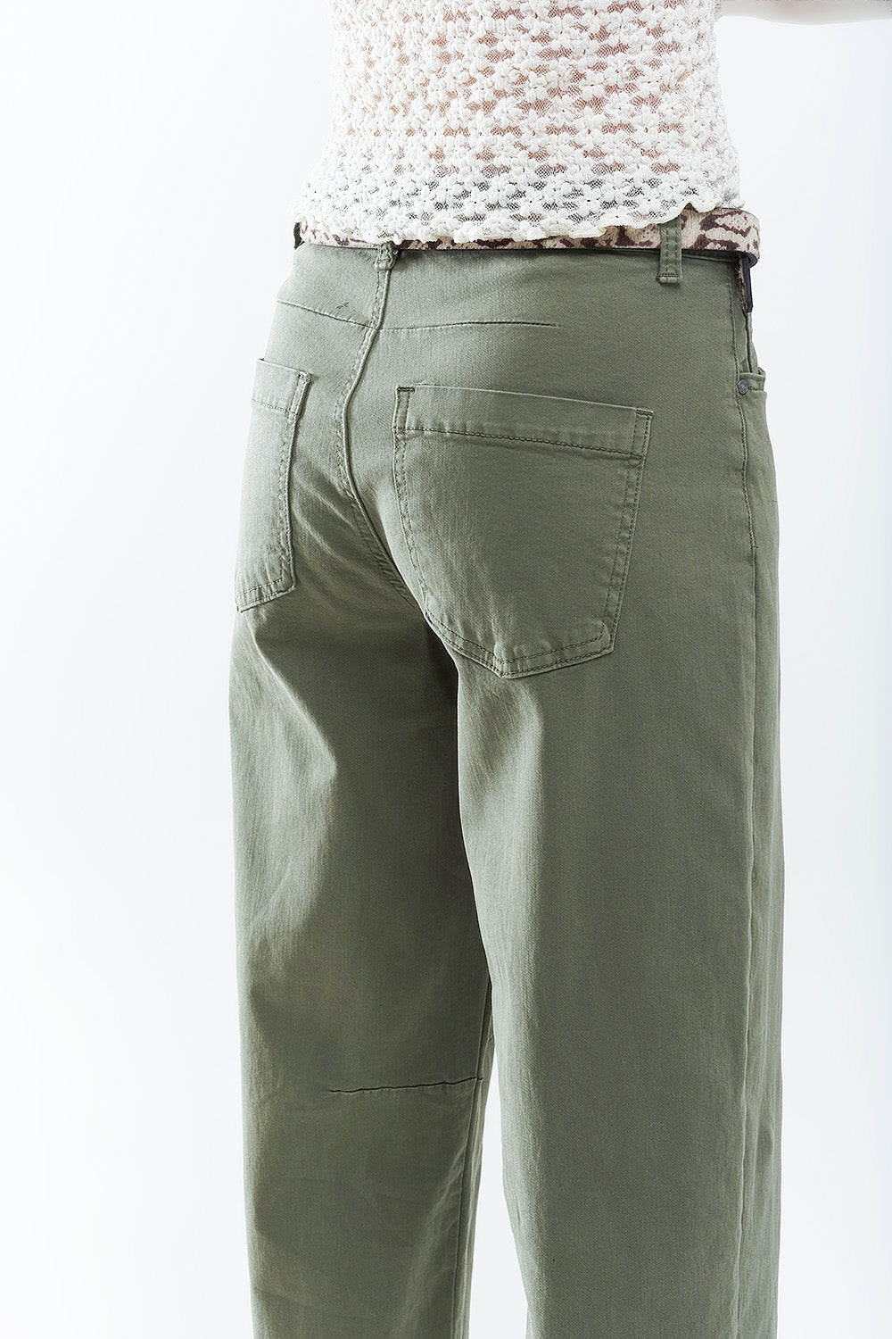 Straight Ankle-Length Pants in khaki with Knee Seam Detail - Trousers