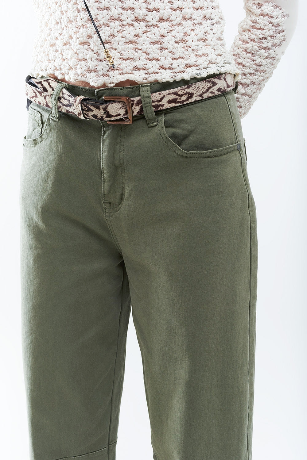 Straight Ankle-Length Pants in khaki with Knee Seam Detail - Trousers