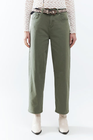 Straight Ankle-Length Pants in khaki with Knee Seam Detail