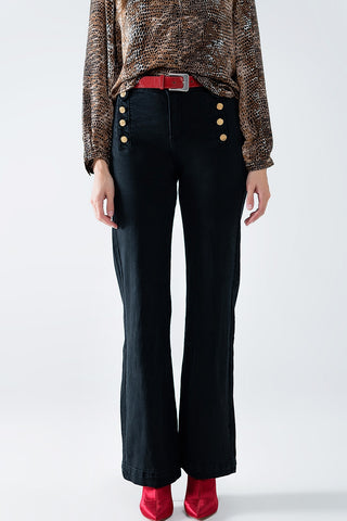 Straight Jeans With Gold Buttons At the Side in black