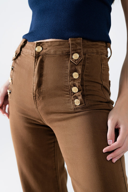 Straight Jeans With Gold Buttons At the Side in camel - Jeans