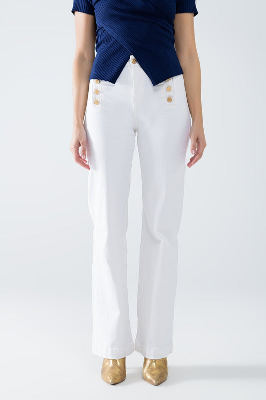 Straight Jeans With Gold Buttons At the Side in White - Jeans