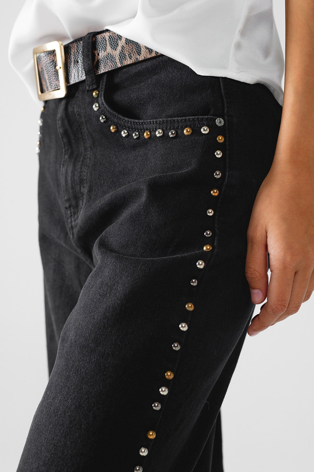Straight Jeans With Stud Trim Details On The SIdes In Black - Jeans
