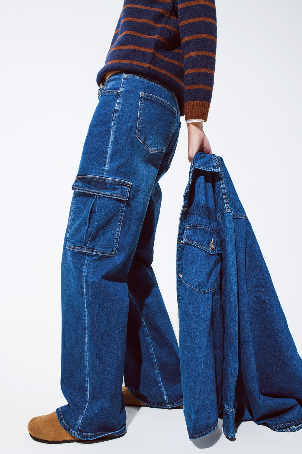 Straight Leg Cargo Style Jeans in Medium Wash - Jeans