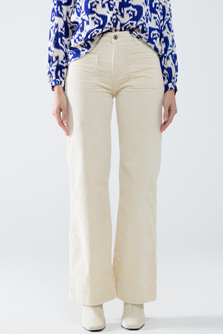 Straight Leg Corduroy Jeans in Ecru with pockets