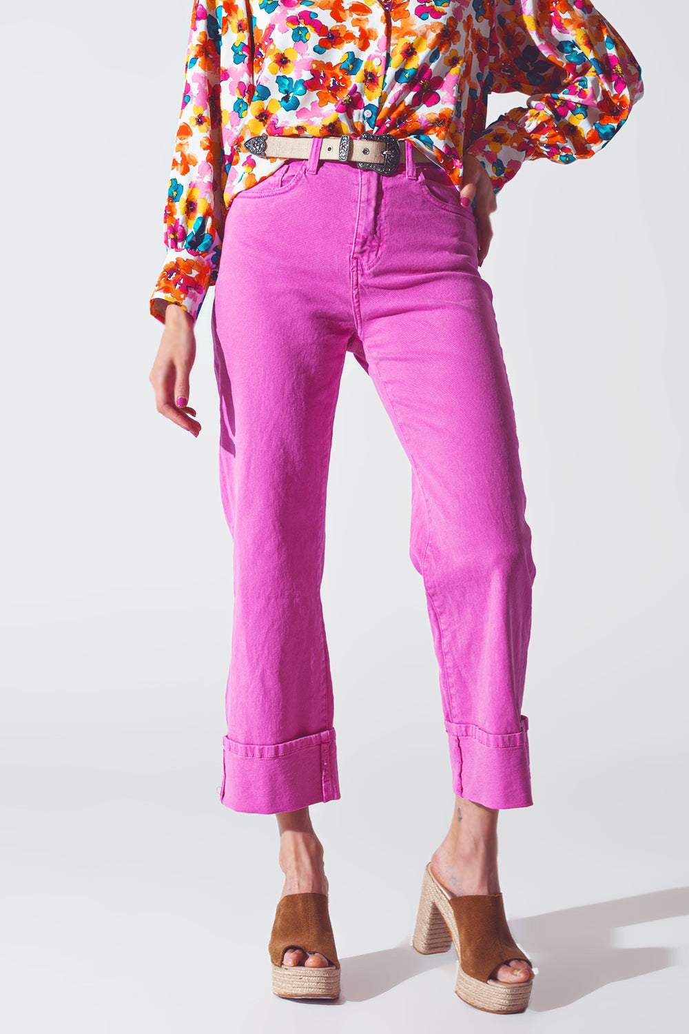 Straight Leg Jeans with Cropped Hem in Fuchsia - Jeans