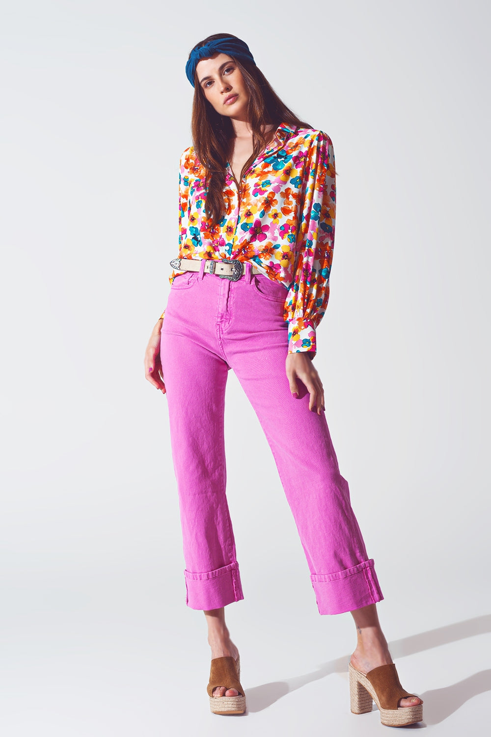 Straight Leg Jeans with Cropped Hem in Fuchsia - Jeans