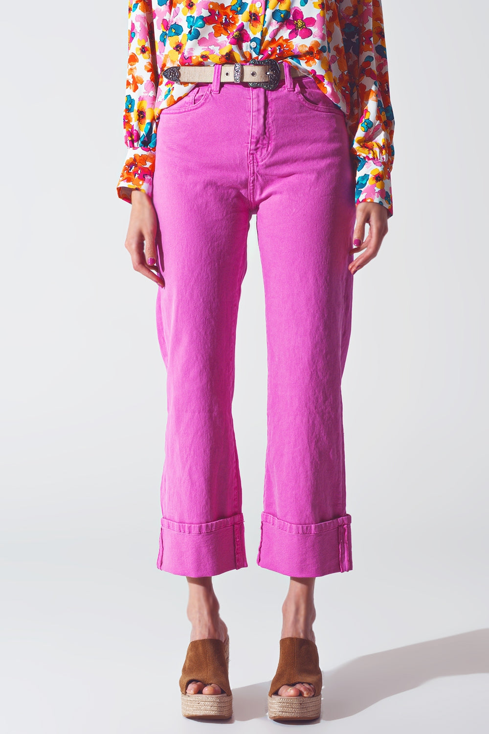 Straight Leg Jeans with Cropped Hem in Fuchsia - Jeans
